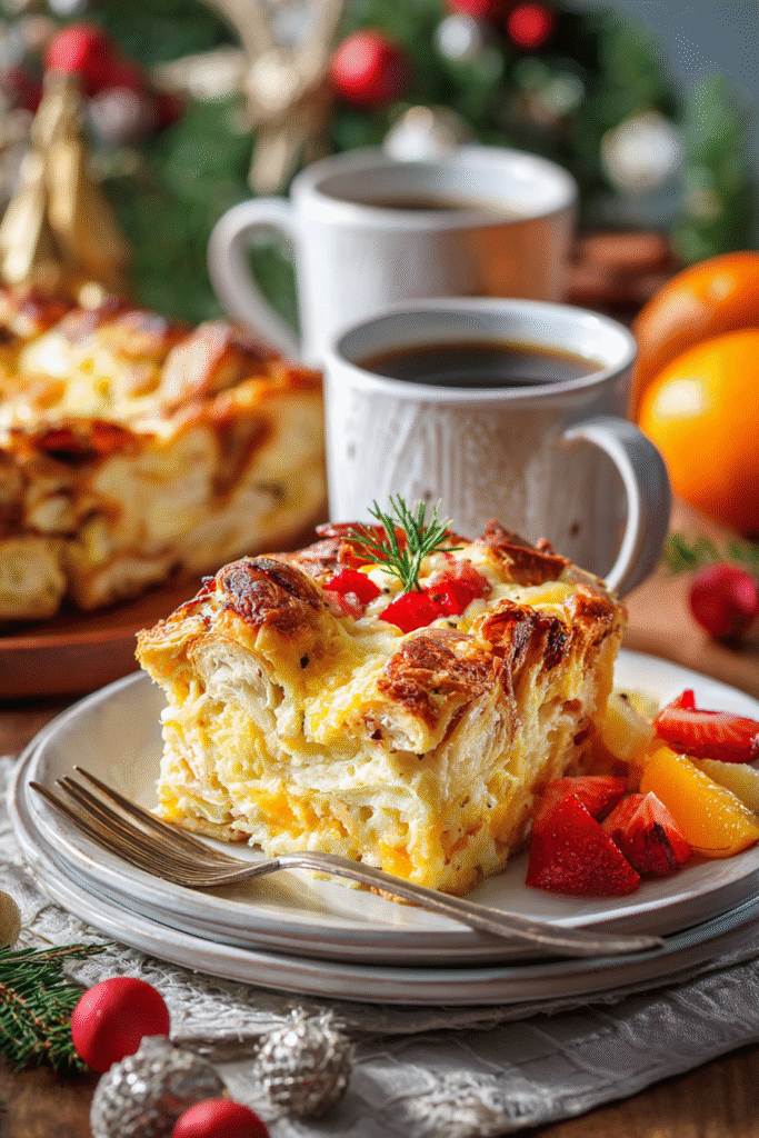 Slice of Overnight Croissant Breakfast Casserole on holiday brunch table