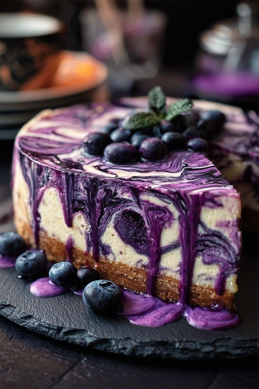 Halloween white chocolate blueberry cheesecake with purple swirl