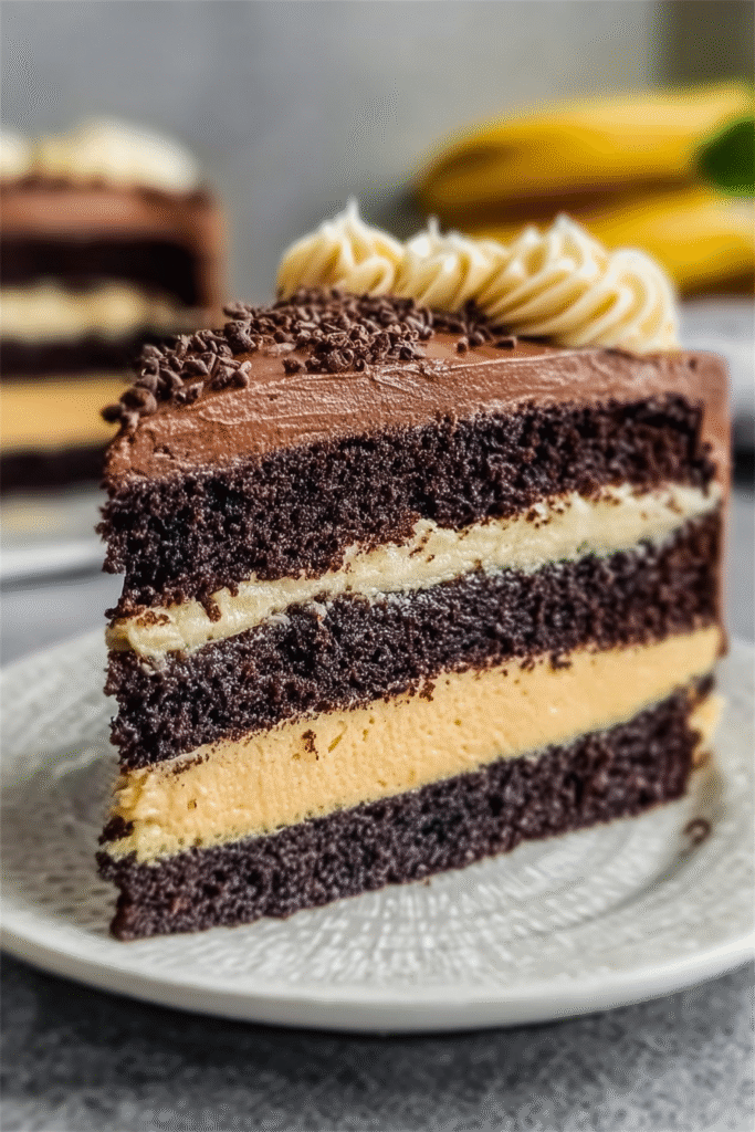 Slice of chocolate banana cake on a plate