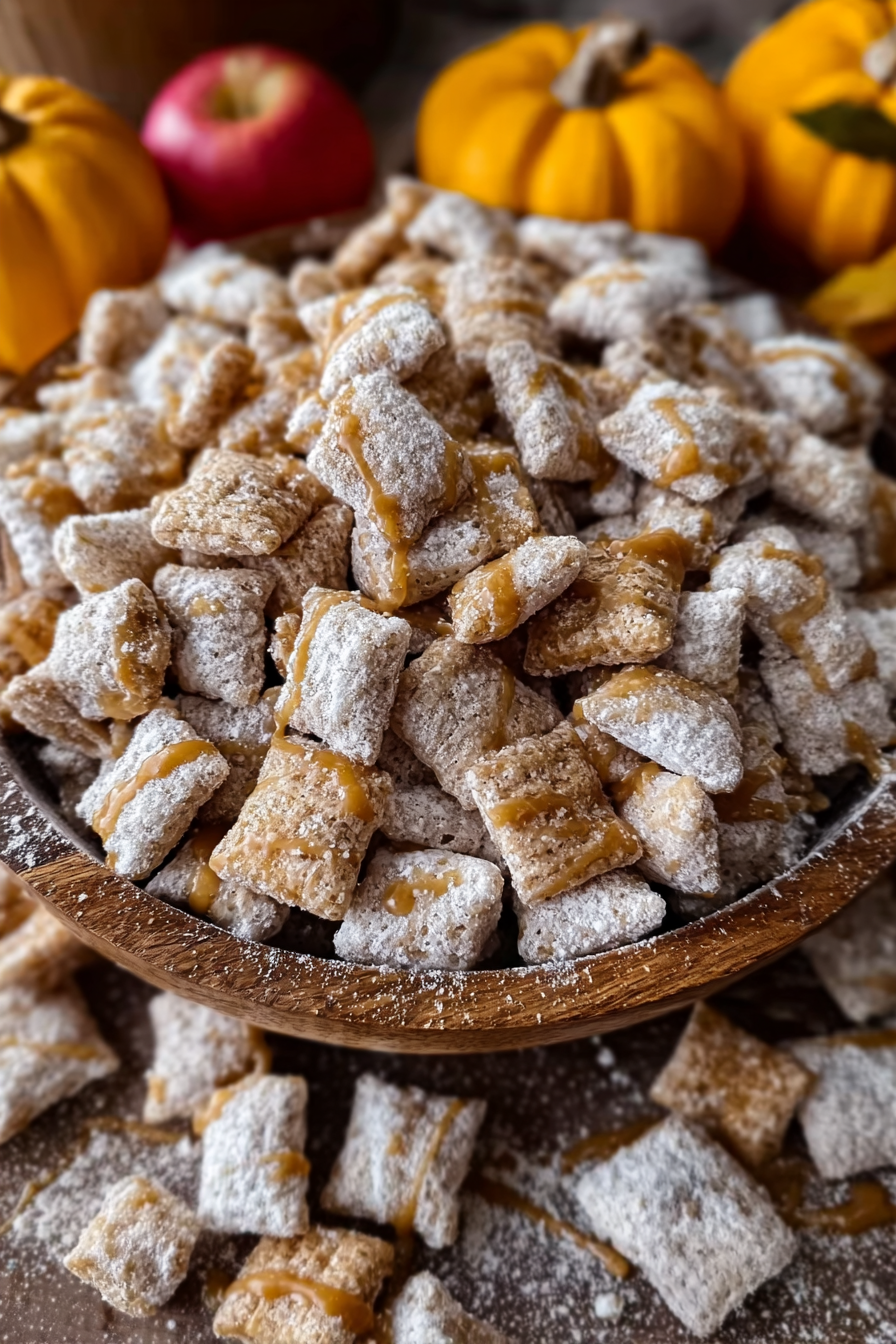 Caramel Apple Puppy Chow in a fall-themed snack mix bowl