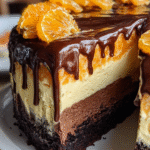 Chocolate Orange Cheesecake Layer Cake with ganache and oranges