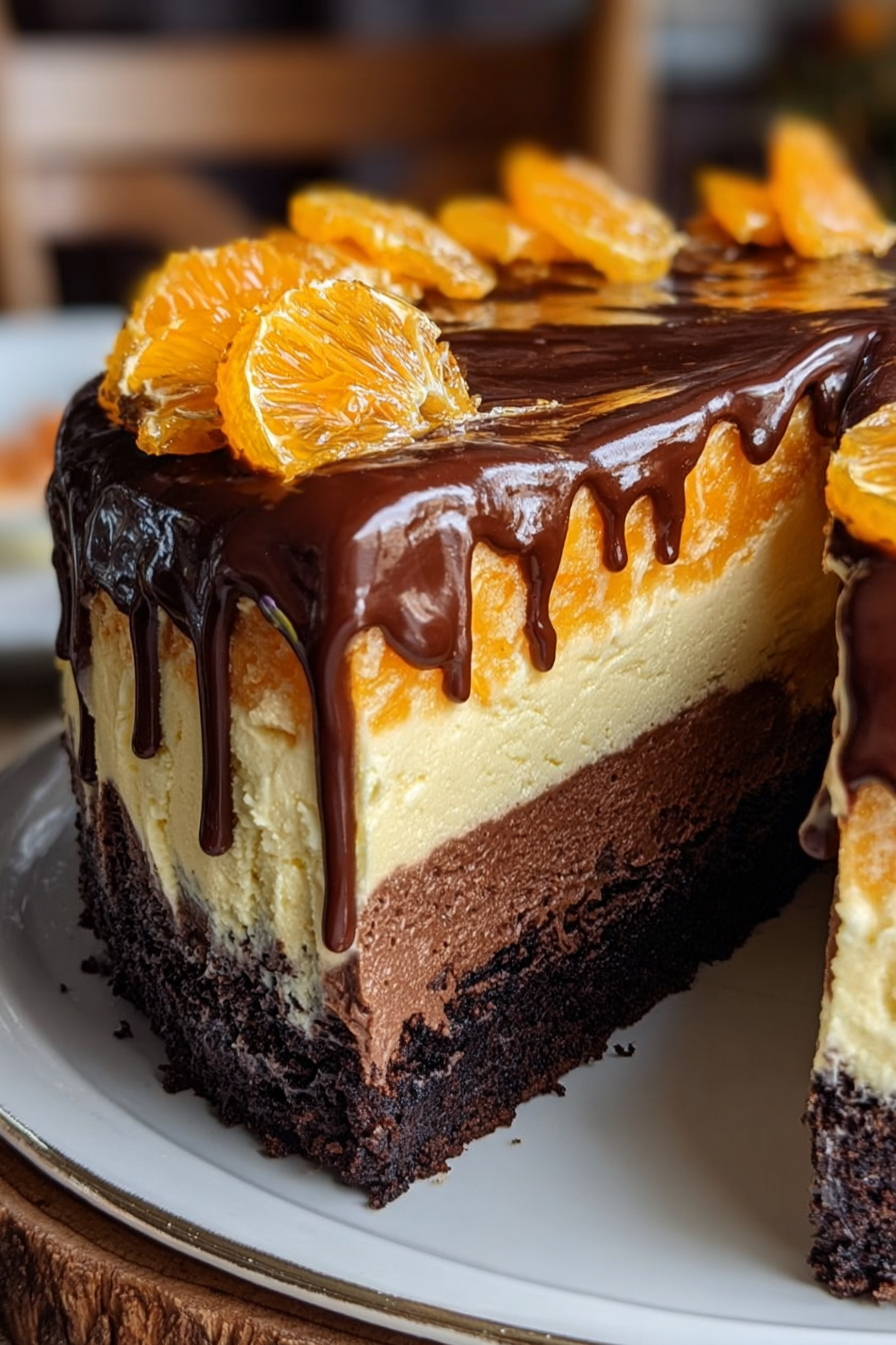 Chocolate Orange Cheesecake Layer Cake with ganache and oranges