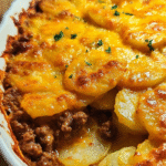 Hobo casserole with ground beef and potatoes baked with cheese