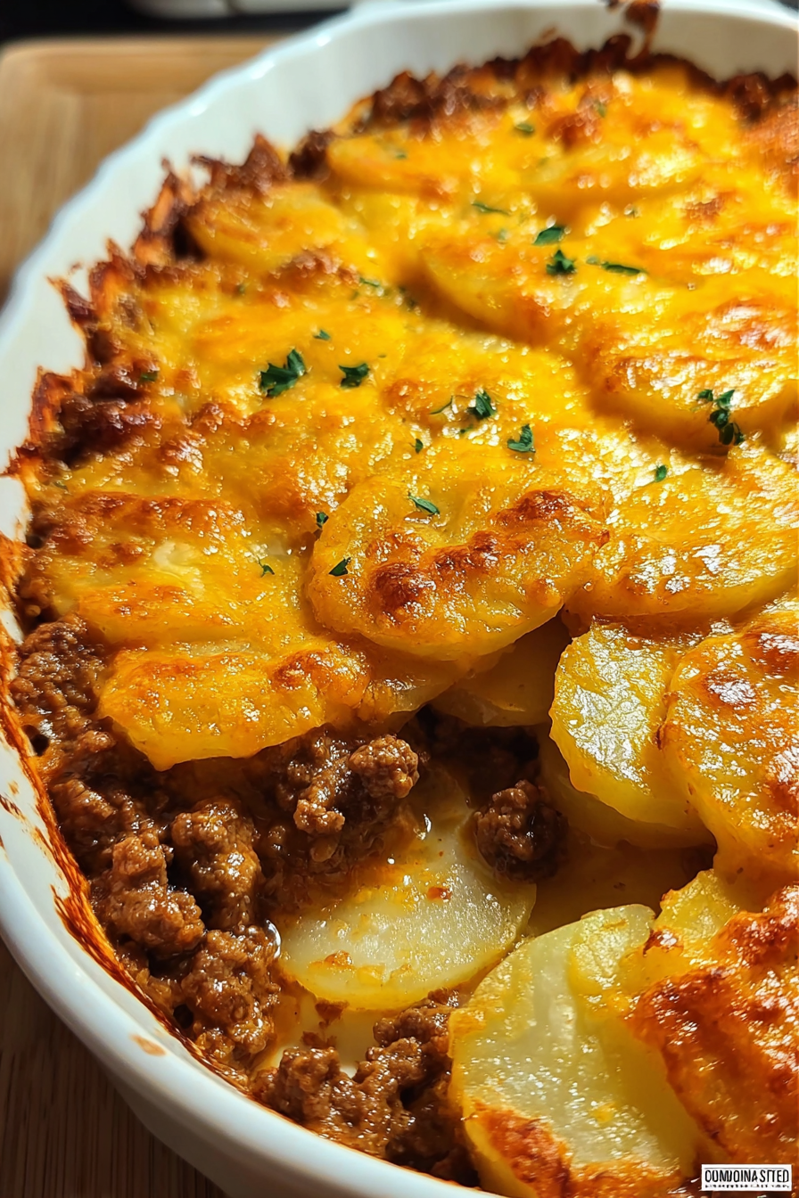Hobo casserole with ground beef and potatoes baked with cheese
