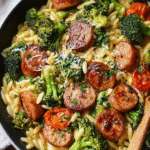 Best Orzo Dinner Recipe with creamy orzo, chicken sausage, broccoli, and tomatoes
