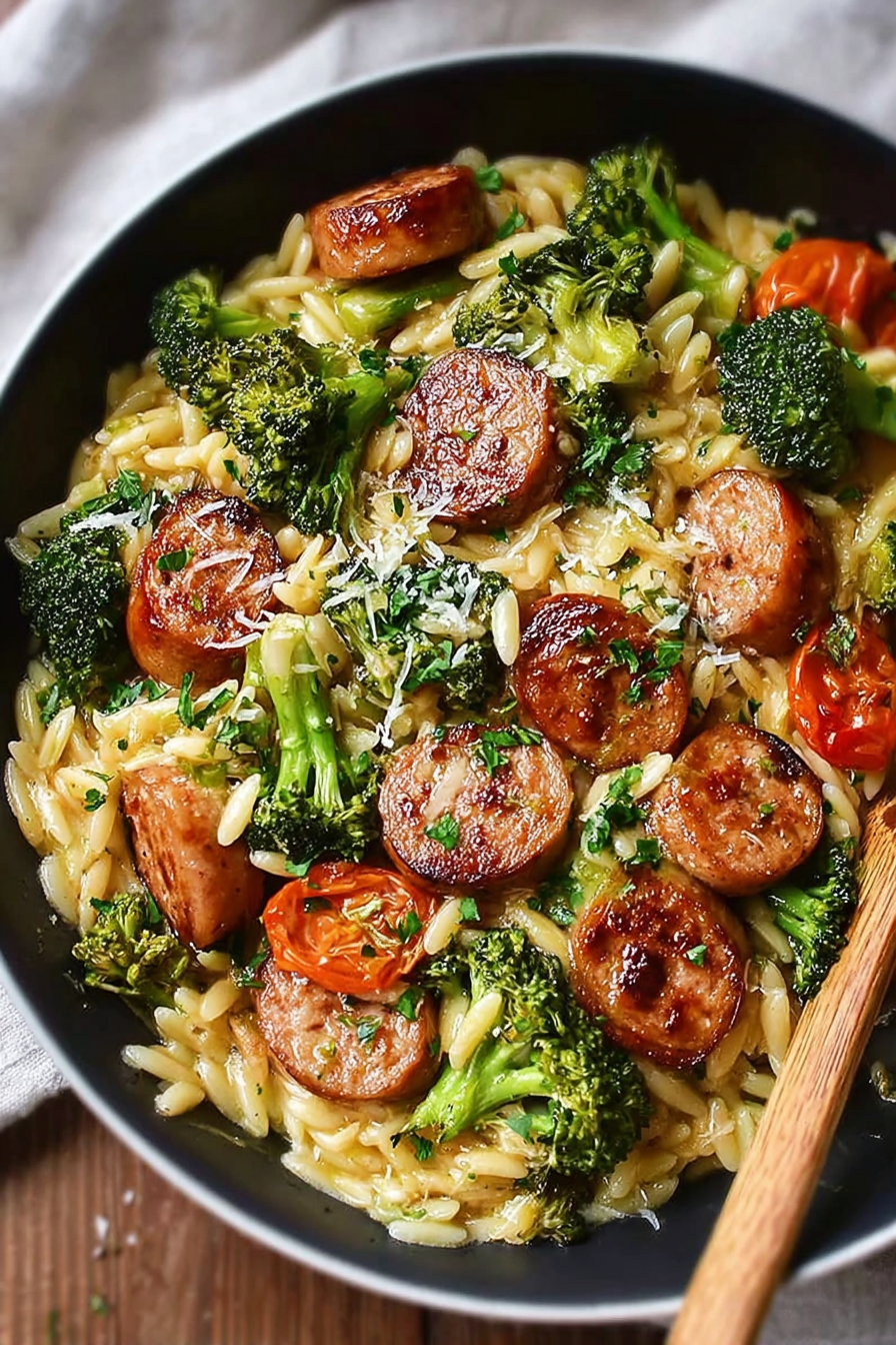 Best Orzo Dinner Recipe with creamy orzo, chicken sausage, broccoli, and tomatoes