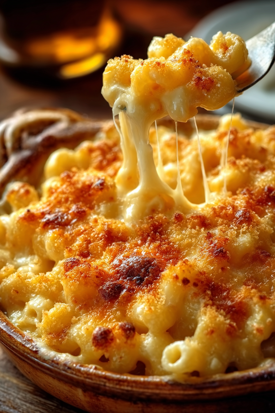 Gourmet Baked Mac and Cheese with a Crunch in a rustic baking dish with crispy topping