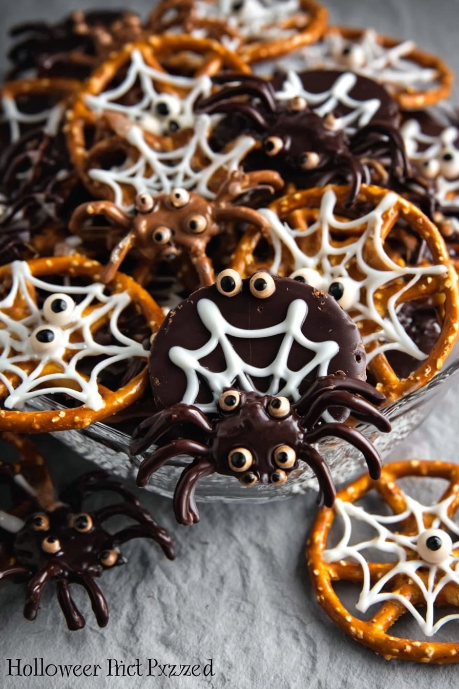 Halloween Chocolate Pretzel Spider Web with White Chocolate Drizzle