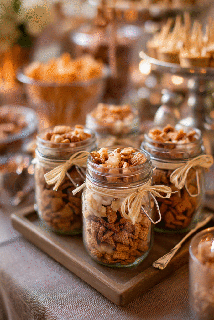 Caramel Apple Puppy Chow served in jars for parties