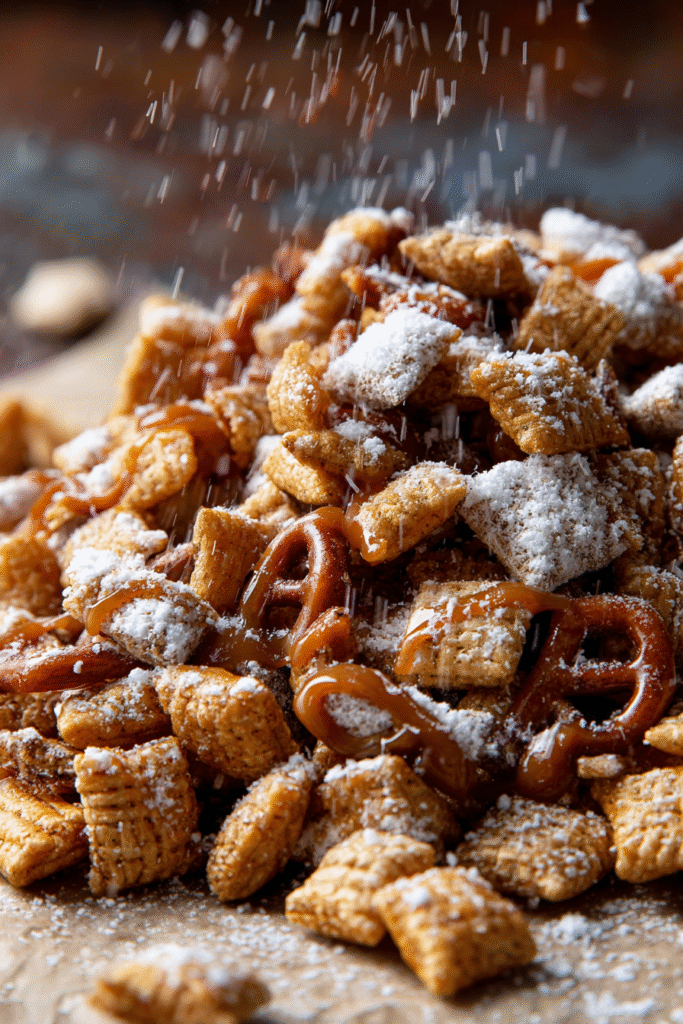 Caramel Apple Puppy Chow with dried apples and powdered sugar