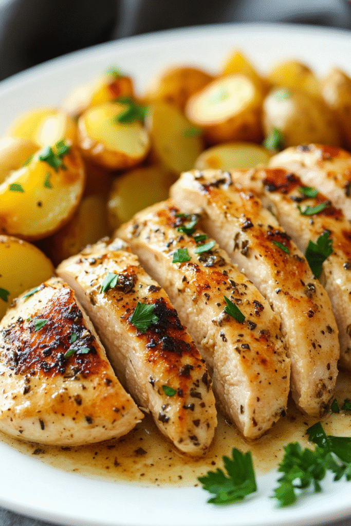 Plated garlic parmesan crockpot chicken and potatoes dinner