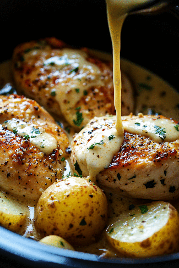 Chicken and potatoes in crockpot with parmesan garlic sauce