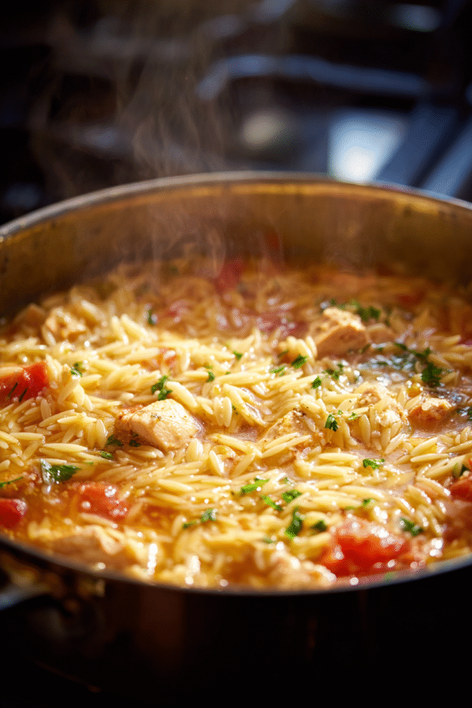 Orzo pasta cooking in skillet with chicken and tomatoes