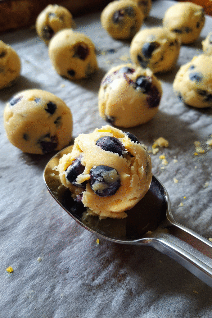 Blueberry Lemon Cookie dough balls on baking tray