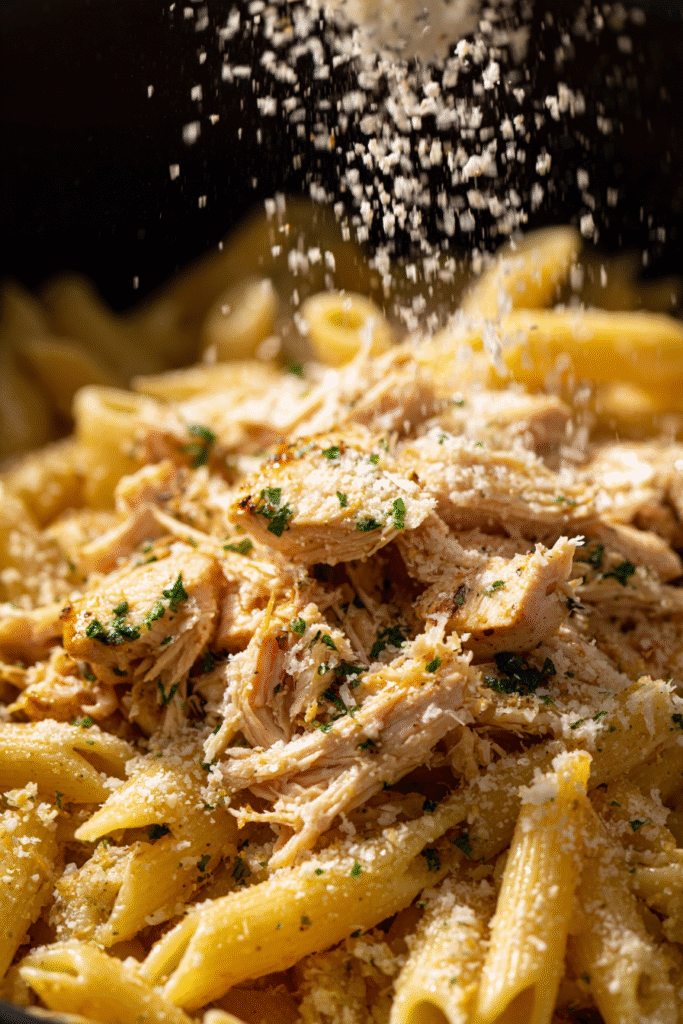 Final dish of Easy Parmesan Chicken Pasta with creamy sauce