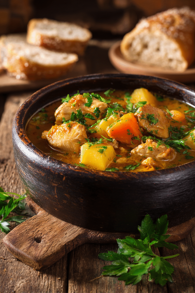 Final Slow Cooker Chicken Stew served hot with bread