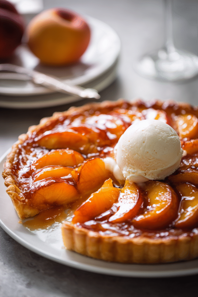 Baked Peach Puff Pastry Tart with caramelized peaches and ice cream