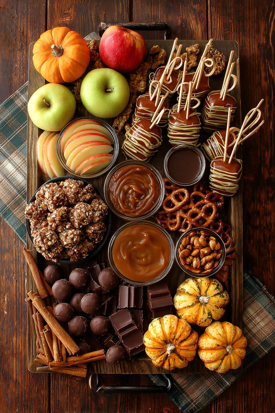 Mini Caramel Apple Dessert Board with caramel drizzle and fall sweets