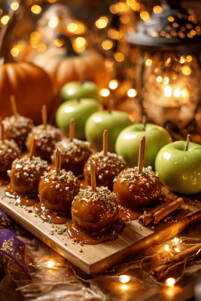 Final Mini Caramel Apple Dessert Board with glossy caramel and autumn accents