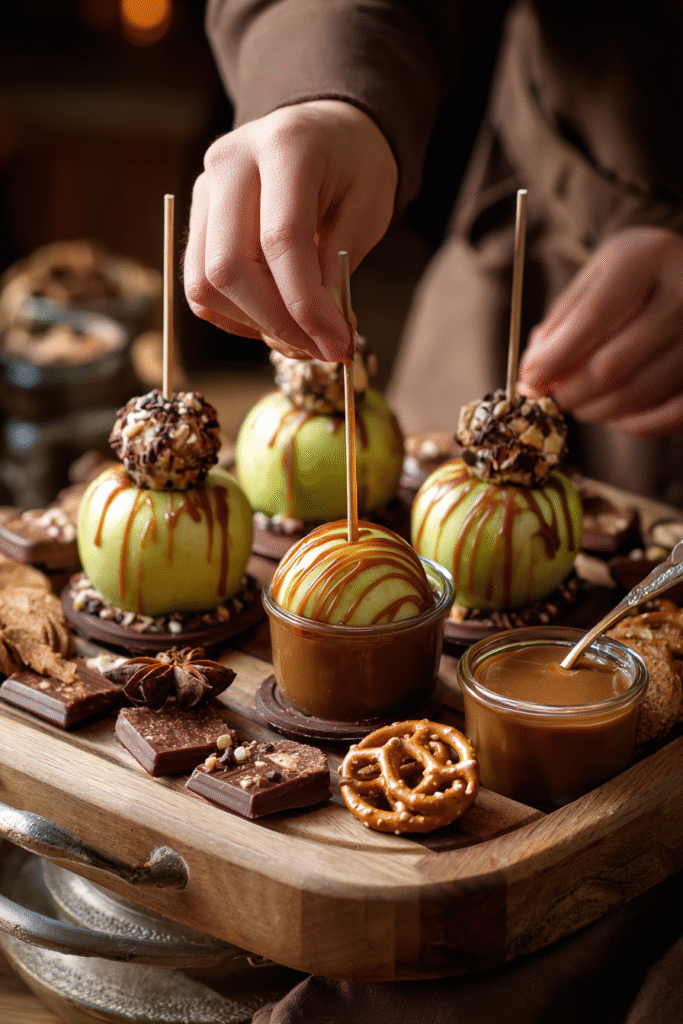 Assembling a Mini Caramel Apple Dessert Board with caramel and toppings