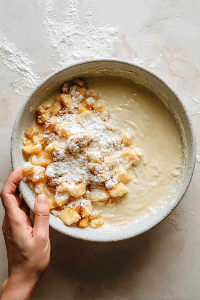 Irresistible Summer Peach Cake batter folding peaches step