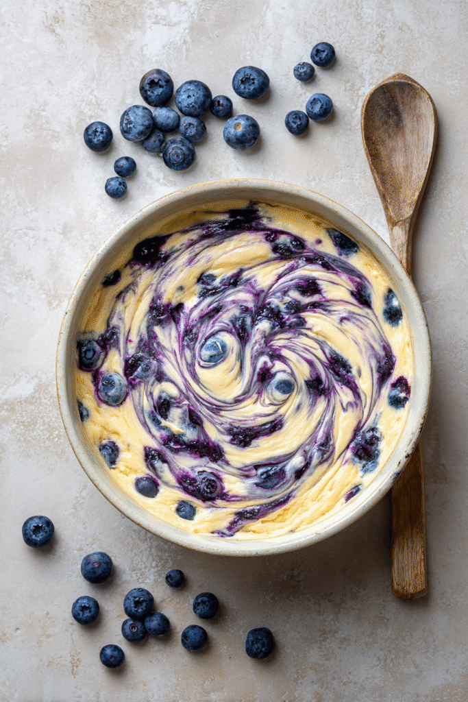 swirling cheesecake into blueberry cookie dough