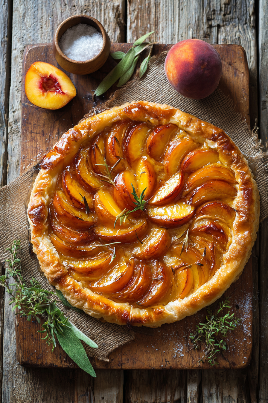 Peach Puff Pastry Tart with golden flaky crust and caramelized peaches