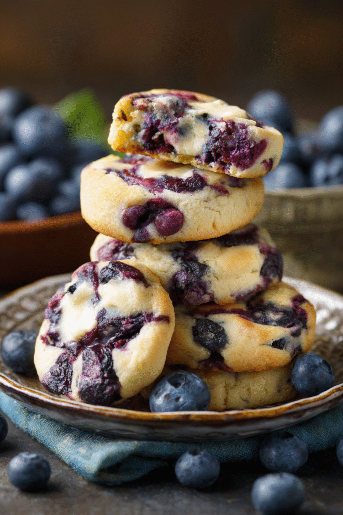 plate of blueberry cheesecake swirl cookies with cheesecake marbling