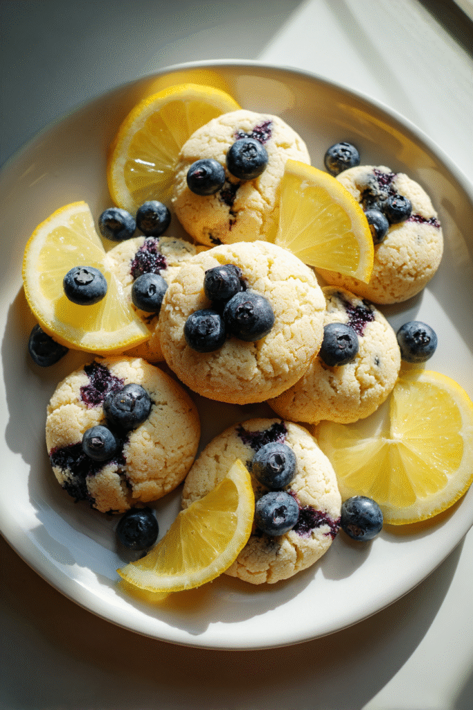 Plate of Blueberry Lemon Cookies with lemon slices and blueberries