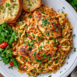 Plated Monterey Chicken One Pan Orzo with garnish and sides