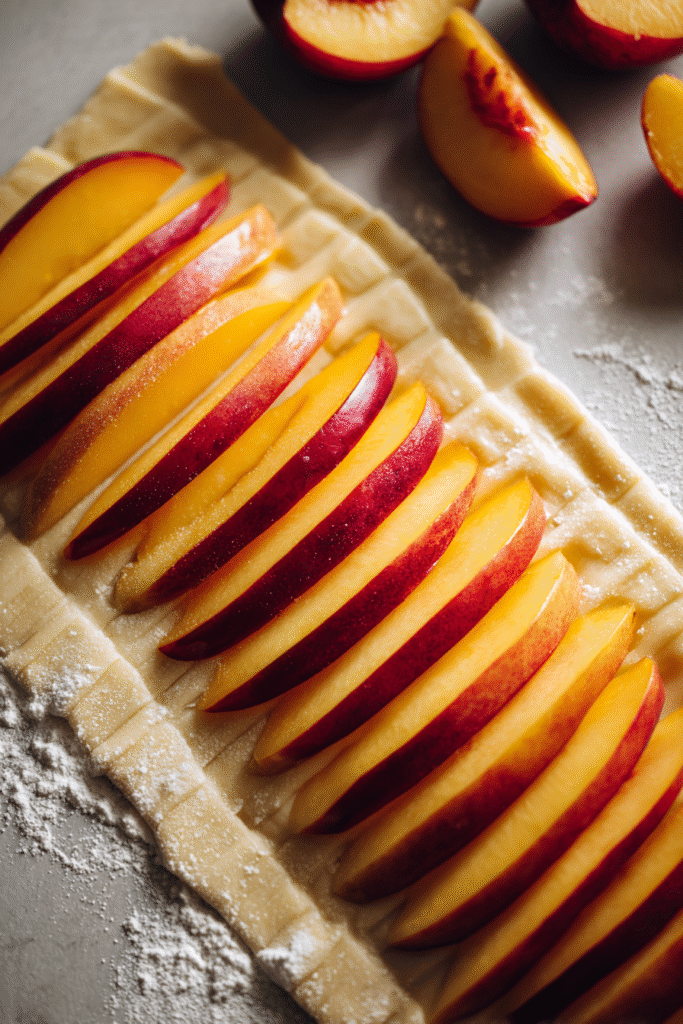 Step-by-step preparation of Peach Puff Pastry Tart with sliced peaches on pastry