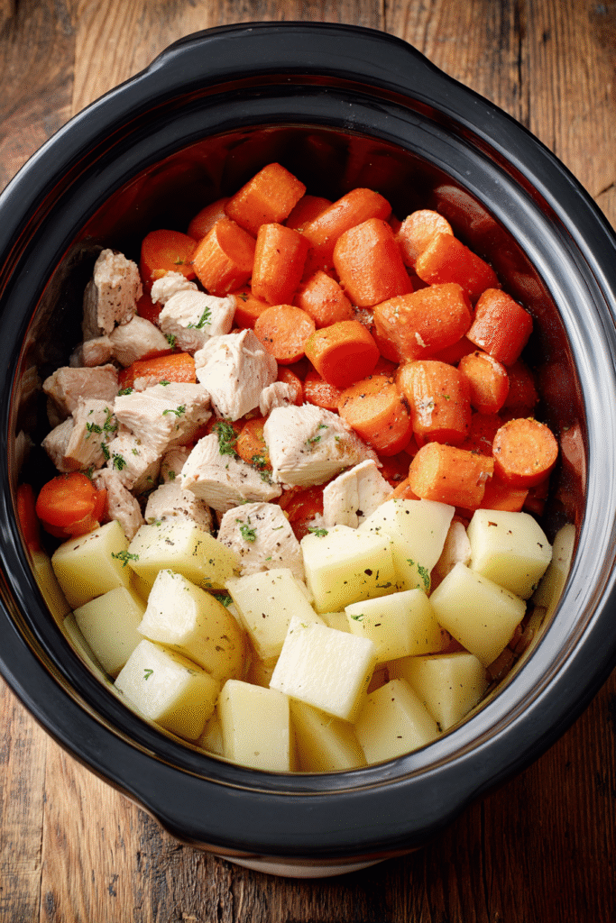 Preparing Slow Cooker Chicken Stew with chicken and vegetables