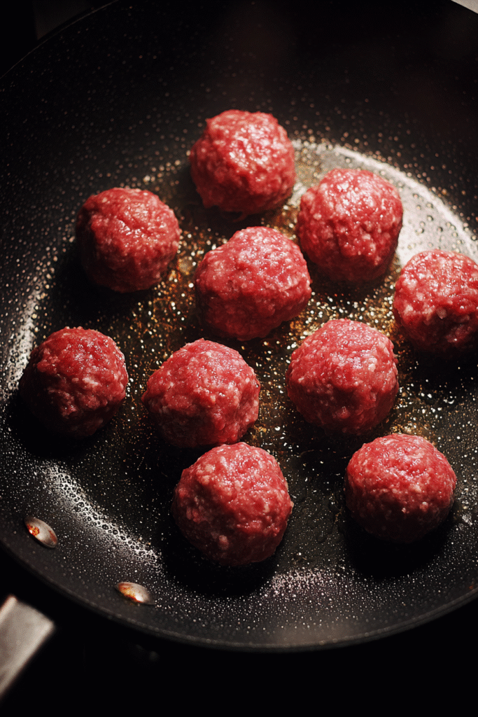Browning Salisbury steak meatballs before slow cooking