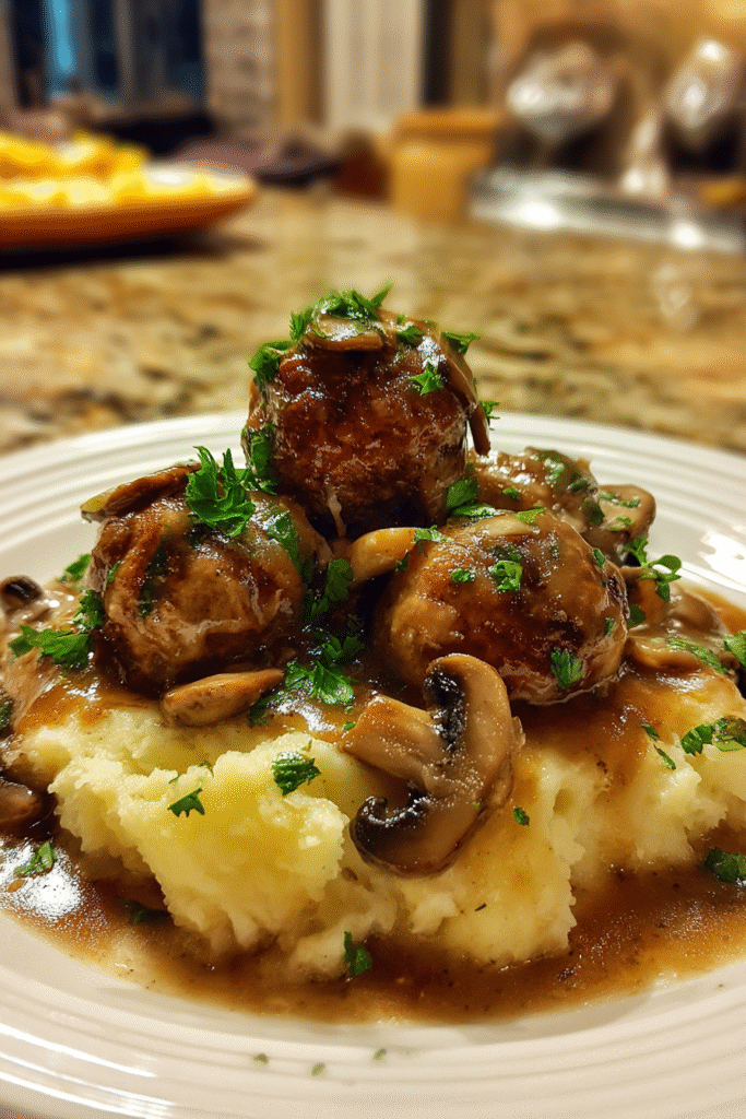 Salisbury steak meatballs with mushroom onion gravy served over mashed potatoes