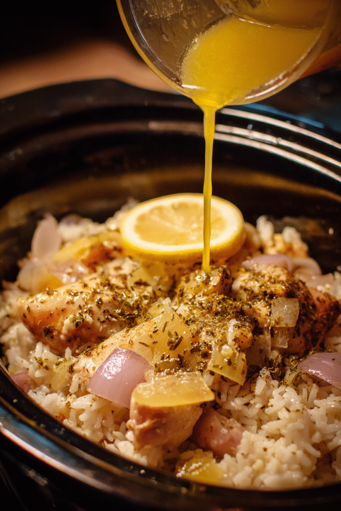 Preparing Slow Cooker Lemon Herb Chicken and Rice step by step