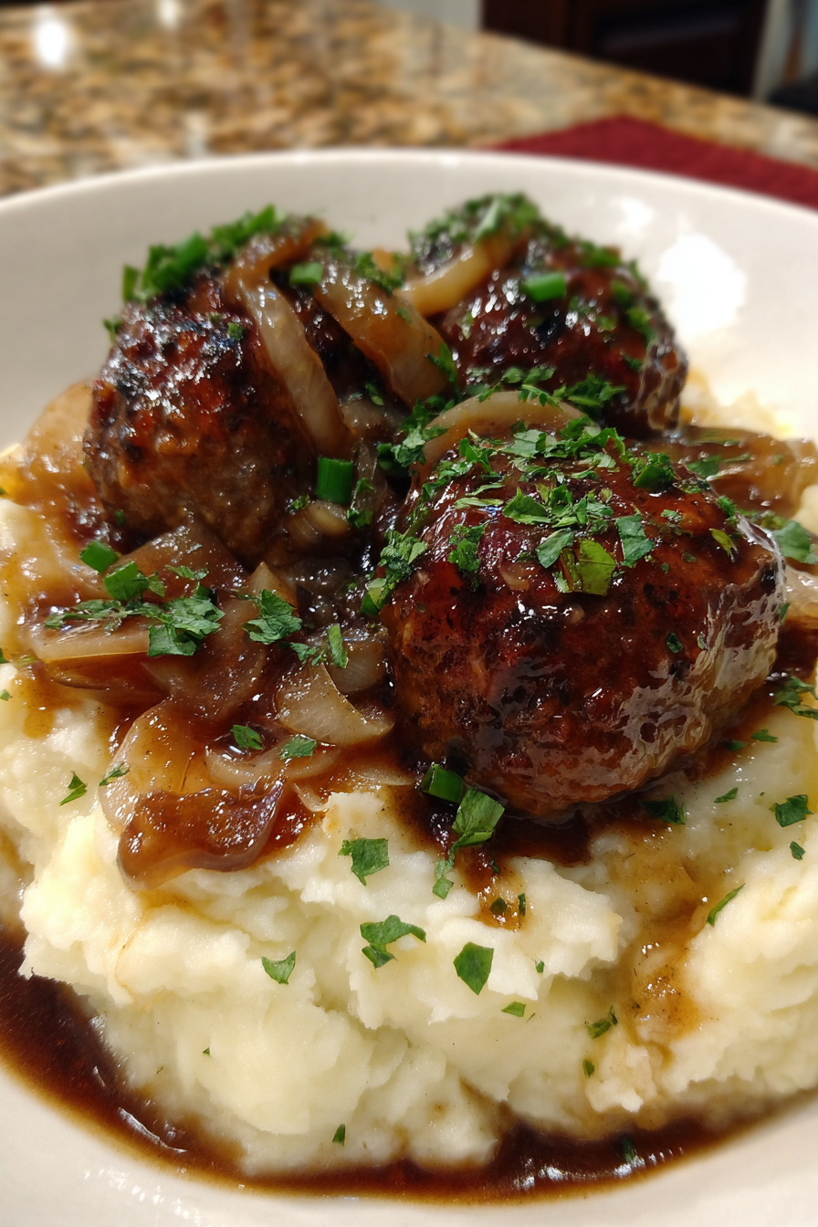 Slow Cooker Salisbury Steak Meatballs with rich gravy