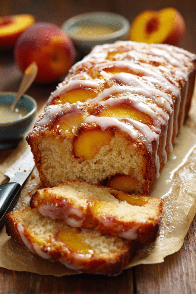 Irresistible Summer Peach Cake sliced glazed peach loaf