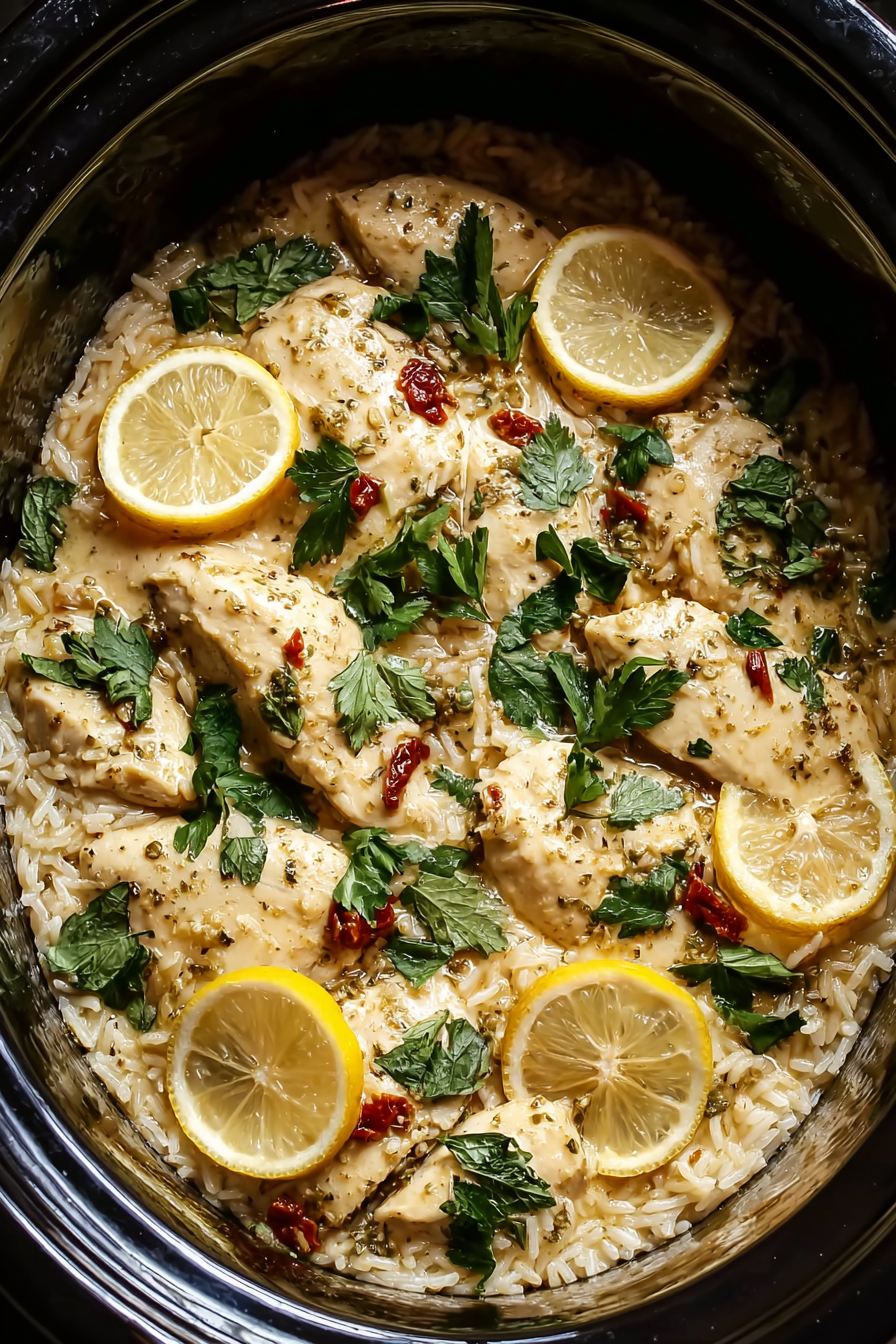 Slow Cooker Lemon Herb Chicken and Rice Crock Pot Meal