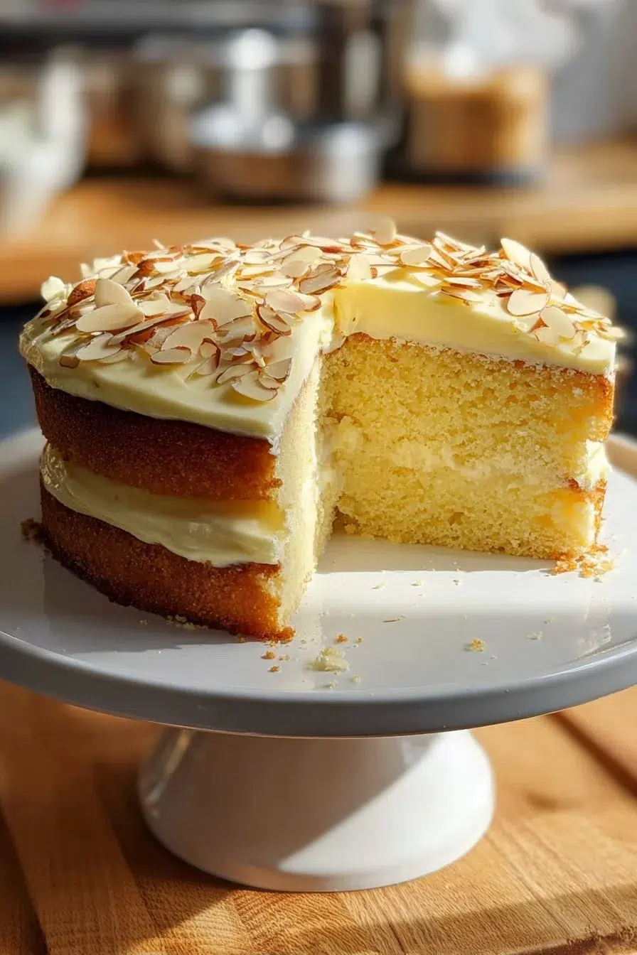 Almond Croissant Ricotta Cake with almond topping and elegant presentation