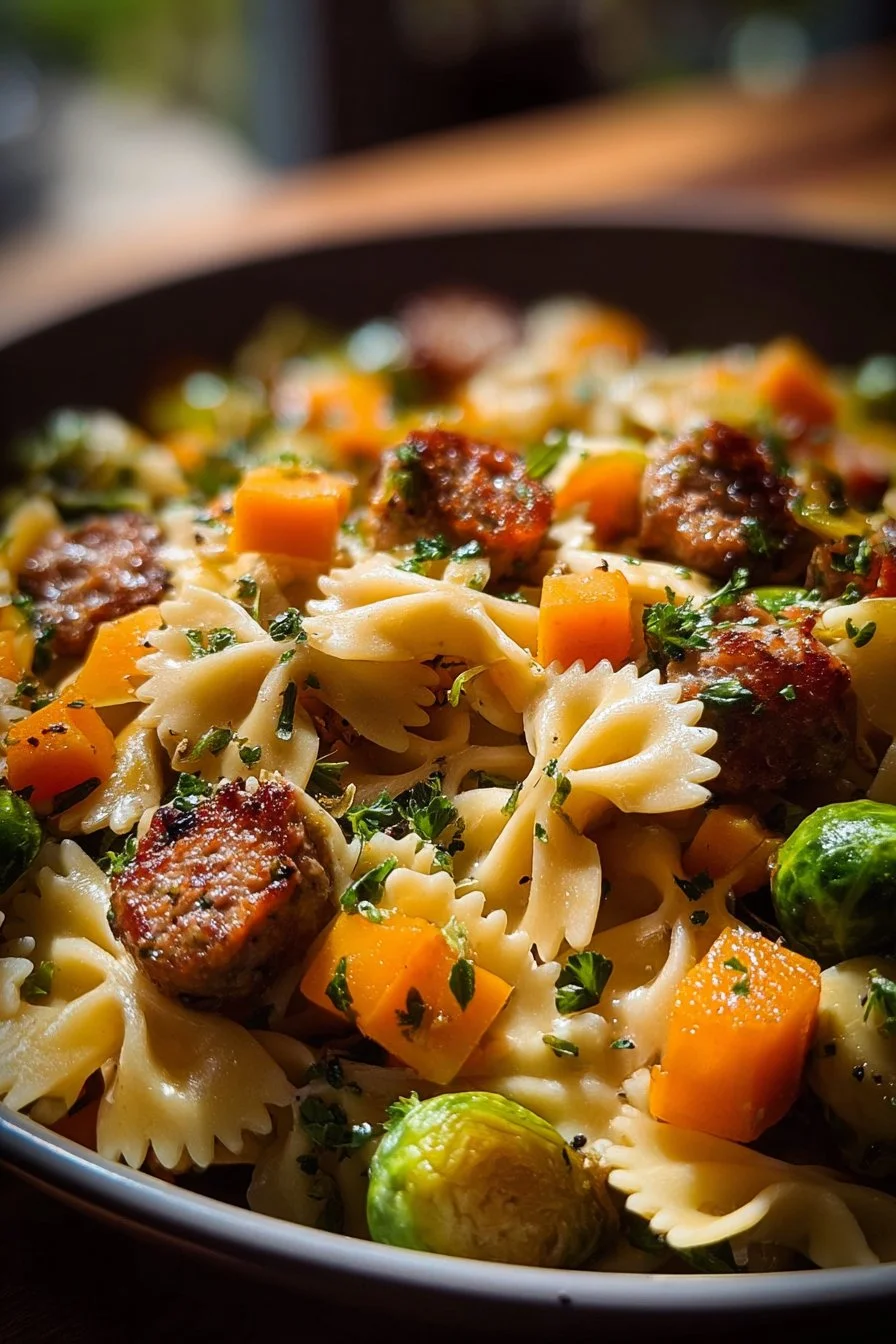 Delicious autumn sausage pasta with roasted squash and herbs