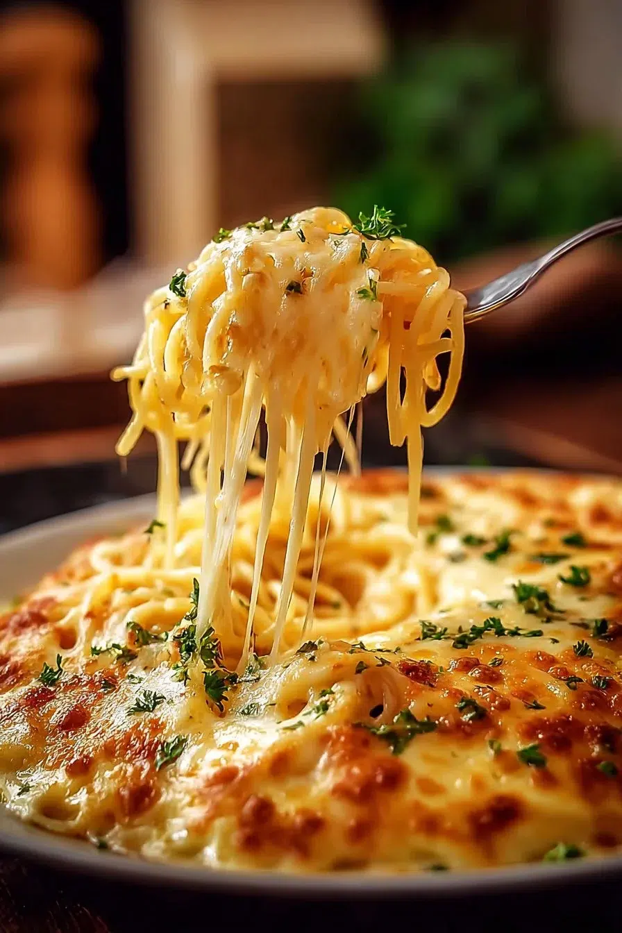A mouthwatering baked spaghetti casserole topped with melted cheese and herbs.