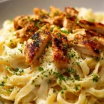 Delicious Chicken Alfredo Pasta topped with parsley in a creamy sauce