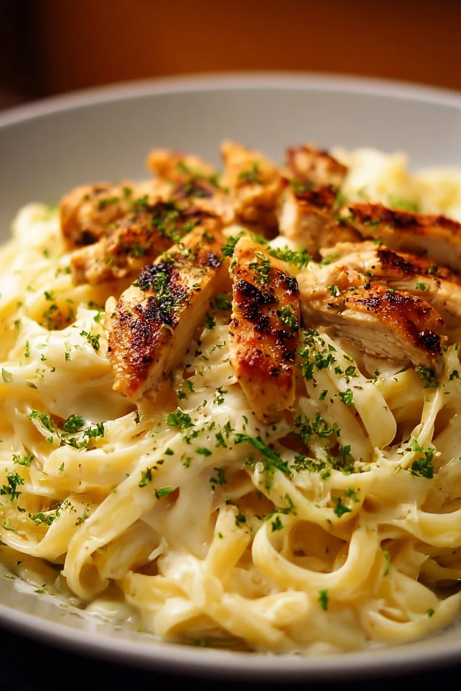 Delicious Chicken Alfredo Pasta topped with parsley in a creamy sauce