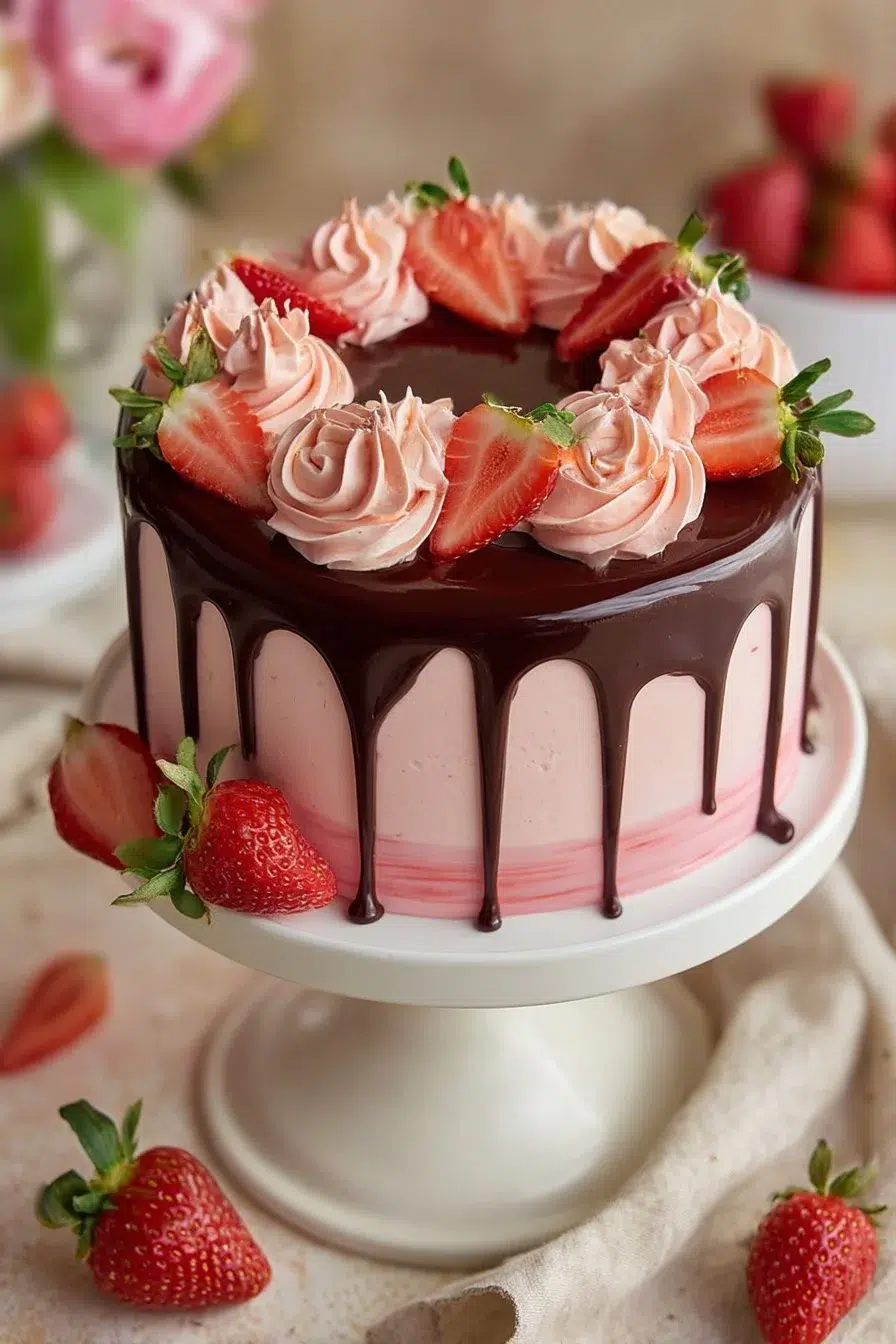 Deliciously smooth chocolate ganache dripping from a cake