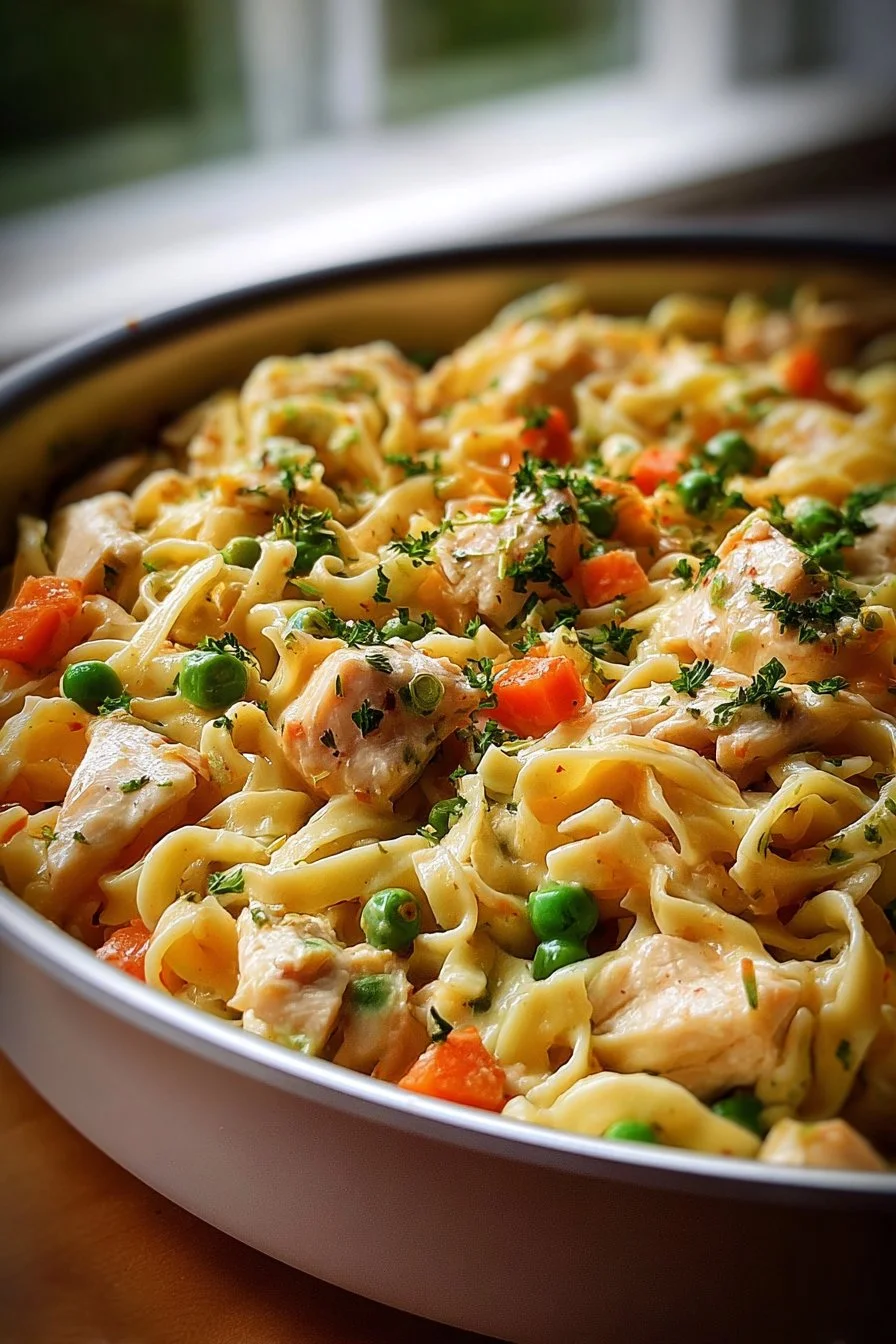 Delicious Classic Chicken Pot Pie Pasta served in a bowl.