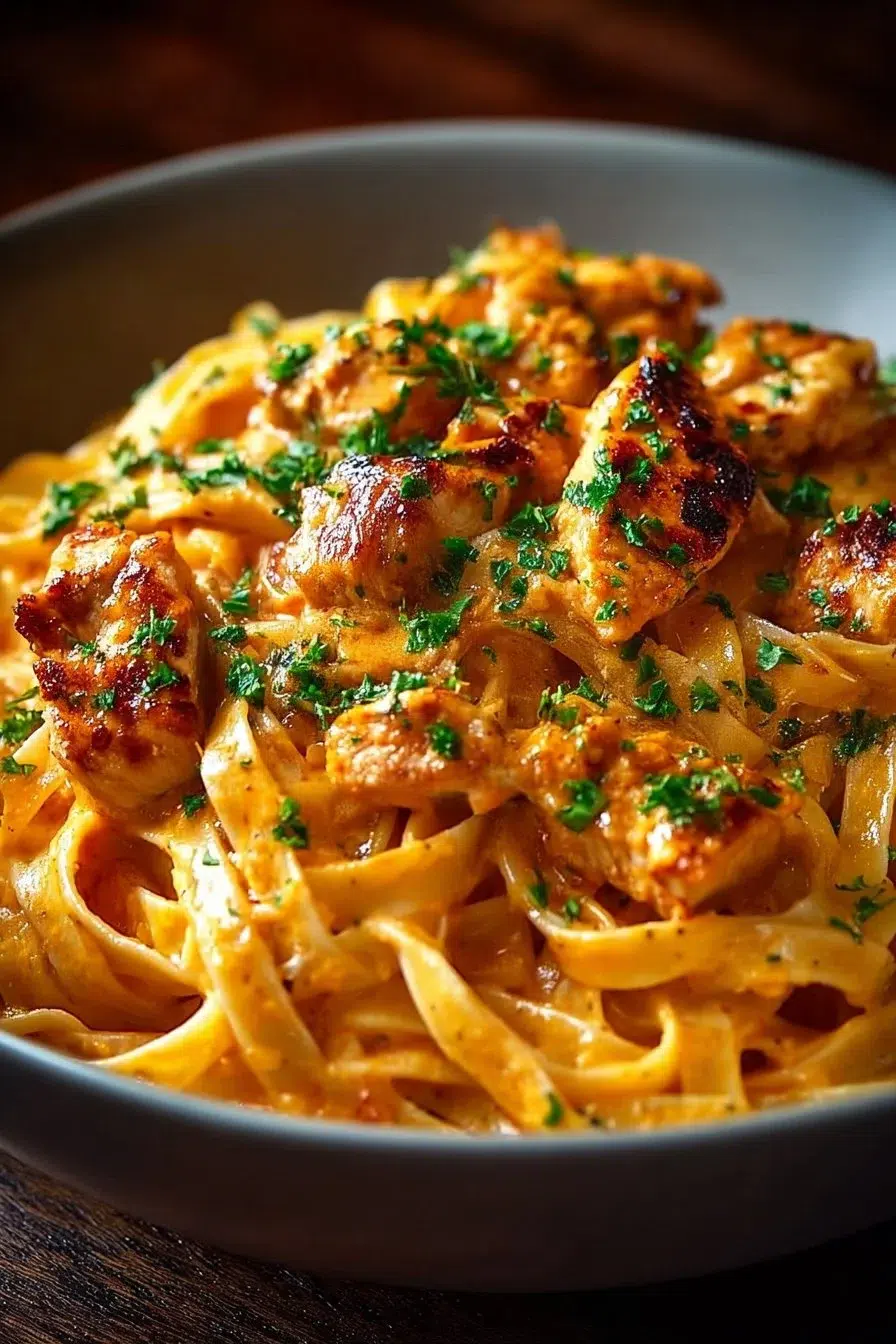 Delicious Cowboy Butter Chicken Pasta served in a bowl with fresh herbs.