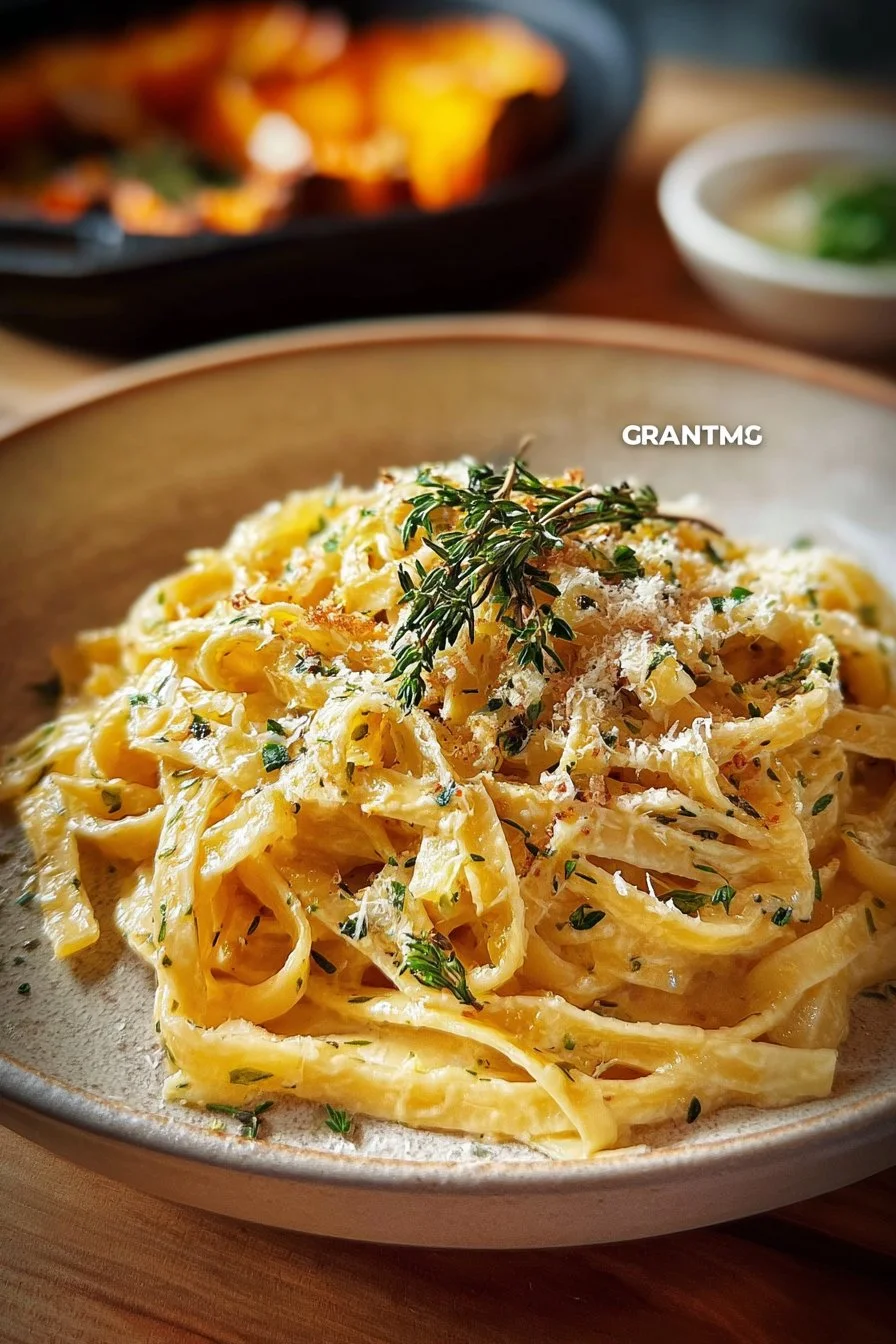Delicious creamy garlic pasta garnished with herbs and Parmesan cheese