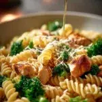 Creamy rotisserie chicken broccoli pasta dish served in a bowl