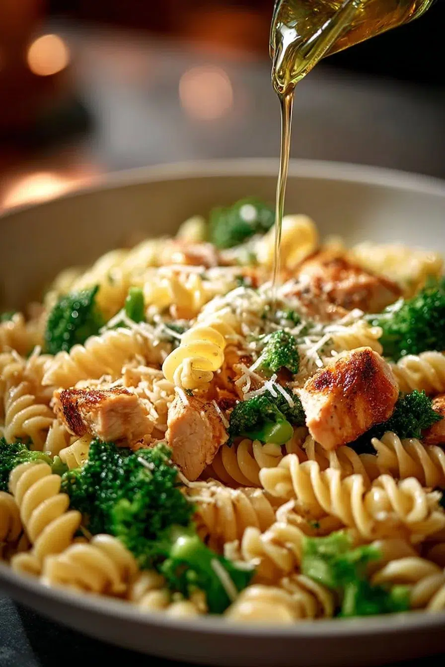 Creamy rotisserie chicken broccoli pasta dish served in a bowl