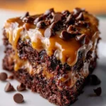 Moist German Chocolate Poke Cake topped with coconut and pecan frosting